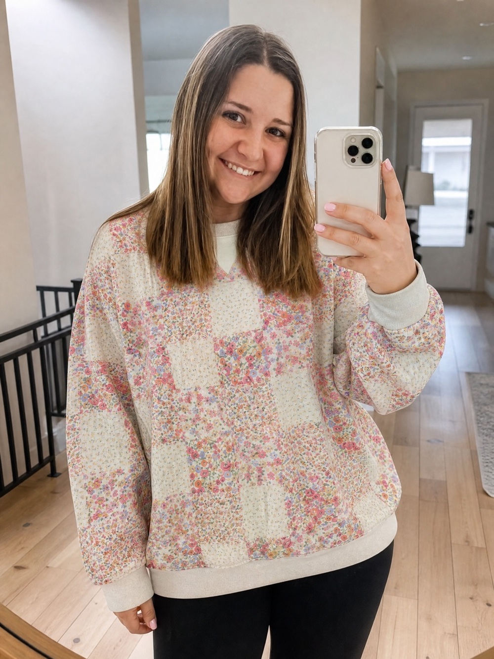 Floral Patchwork Crewneck Sweatshirt - Cream Base with Multicolor Flowers